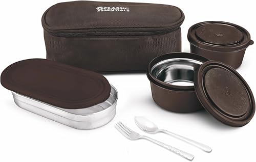 Image of CLASSIC ESSENTIALS Stainless Steel Microwave Safe Lunch Box Set with Cutlery for School, 1 Oval and 3 Containers (1300 ml, Thermoware)