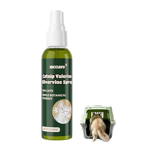 INCCIAVO Silvervine Spray for Cats with Catnip and Valerian, Helps Encourage Play, Scratching and Relaxation, Spray for Cat Toys, Scratchers, Beds and Carriers, 2 fl oz