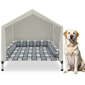 Elevated Dog Pet Bed House – Weatherproof 2-in-1 Indoor Outdoor Pet Cot with Canopy Cooling Portable Raised Dog Bed with Pillow for Camping Beach (DMHK-22)