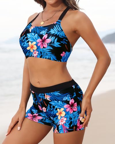 Image of Aqua Eve 3 Piece Tankini Swimsuit for Women Tank Bathing Suit with Shorts Open Back Athletic Swimwear