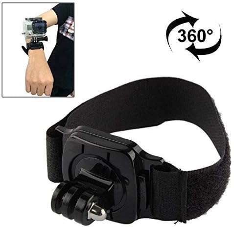 Wrist strap with an action camera attached, illustrating its 360-degree rotation capability.