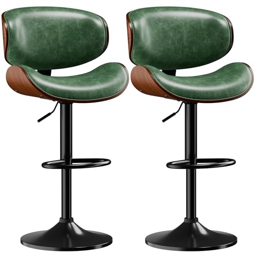 Bar Stools Set of 2, Adjustable Swivel Leather Bar Stools for Kitchen Island, Mid Century Modern Counter Height Bar Chairs Barstools with Back & Footrest (Green)