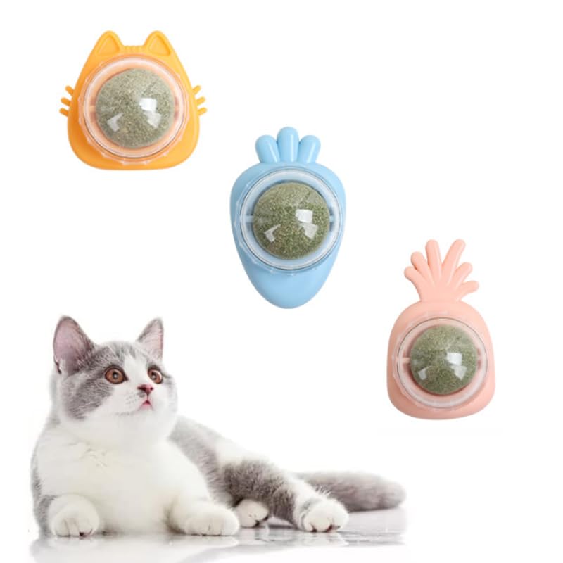 3 Pcs Bolas de Hierba Gatera Giratorias de 360° Bolas de Hierba Gatera para Gatos Autoadhesivas Juguetes para Gatos Naturales Comestible Bola Catnip Gato Pared Juguetes Interactivos para Gatos