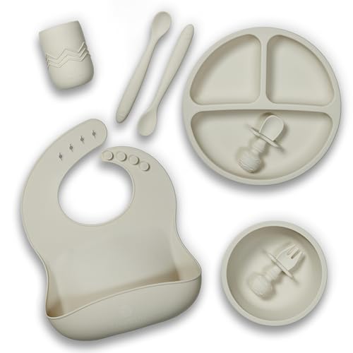 Image of Silicone Baby Feeding Set, Baby Led Weaning Supplies - Suction Plate and Bowl, Self Feeding Spoon and Fork, 2 Bendable Spoons, Tiny Cup, Bib, First Stage Eating Utensils, Baby Dishes
