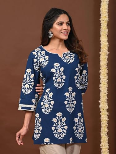 Image of Rimeline Women's Floral Printed Cotton Kurti Top | Round Notch Neck 3 /4 Sleeve Straight Fit Casual Tunic