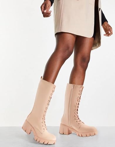 Tinstree Women's Knee-High Boots,Ladies Juniors Suede Chunky Heel Thigh High Over The Knee Boots Thigh High Boots Riding Motorcycle Prime Fashion Chic Cool Beige,8 Zip-Up Mid-Calf Boots Beige,8 #TOP5