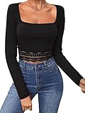 GORGLITTER Damen Bauchfrei Oberteil U-Ausschnitt Crop Top Elegant Kurz Langarmshirt mit Spitzeneinsatz Schwarz S