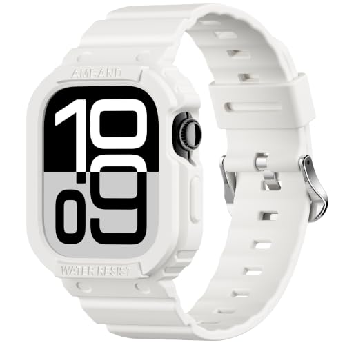Image of amBand Rugged Case with Band for Apple Watch Series 11 10 42mm, Shockproof & Protective Sport Bumper Cover, Lightweight & Comfortable Strap for Men & Women, White