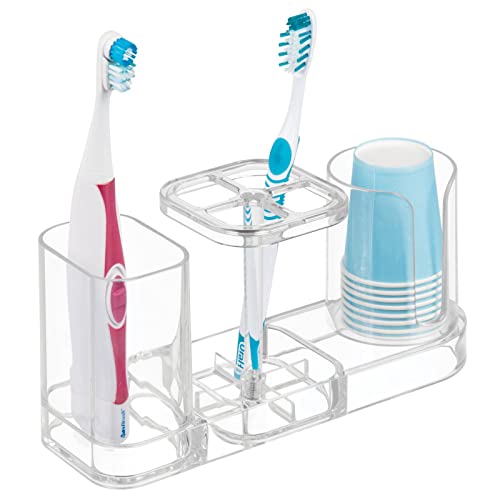 Mdesign Plastic Bathroom Vanity Countertop Dental Storage Organizer Holder Stand For Electric Spin Toothbrushes/Toothpaste With Compartment For Rinse Cups - Compact Design - Clear #TOP6