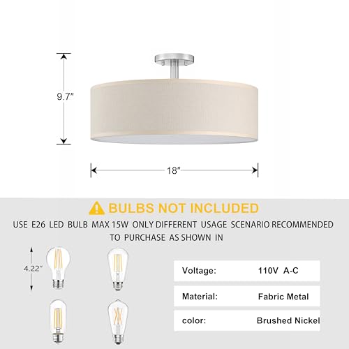 Dolaimi House 4 Light 18 Inch Semi Flush Mount Close to Ceiling Light Fixture,Off White Fabric Shade Brushed Nickel Finish for Bedroom,Living Room,Dining Room Hallway by Dolaimi House - Used condition - Image 2