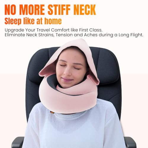 Image of LOEXAIR Hooded Pro Travel Pillow - Memory Foam Neck Support Pillow for Airplane, Flight - Super-Soft Pure Cotton Fabric, Maximum Privacy & Light-Block Design, Lightweight Full Travel Kit- Sakura Pink
