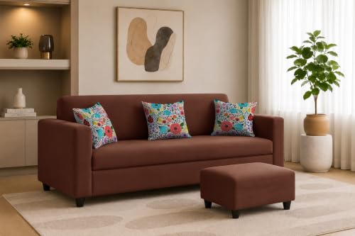 Image of Rosebell 3 Seater Sofa with Ottoman | Living Room Couch | with Printed Cushions | Sofa for Home, Apartment & Office-Brown Color