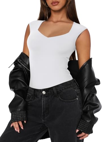 REORIA Damen sexy lässiger doppelt gefütterter ärmelloser Schlankheits Body mit V-Ausschnitt Shapewear Formende Bodys Weiß L