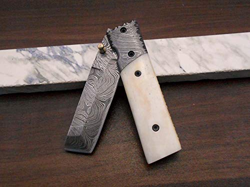 Damascus Steel Tanto Blade Folding Knife, Natural Camel Bone Scale With Damascus Bolster, Cow Hide Leather Sheath With Belt Loop, Equipped With Thumb Knob & Liner Lock (Camel Bone) #TOP4