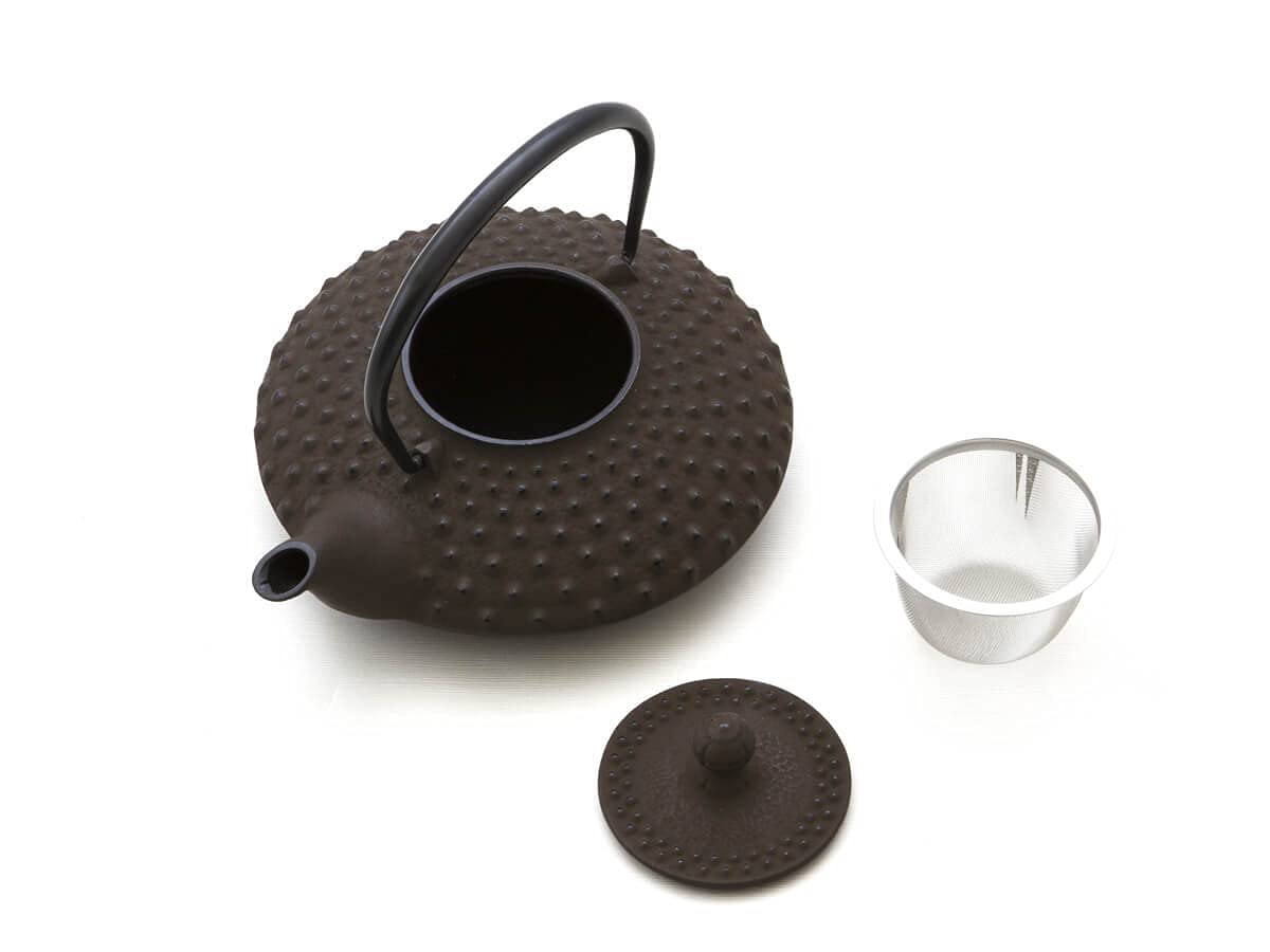 Iwachu Teekanne Gusseisen. Japanische Kyusu Hira Arare, Original, Braun 500ml, 0,5 Liter Sieb-Einsatz Edelstahl. Innen Emailliert