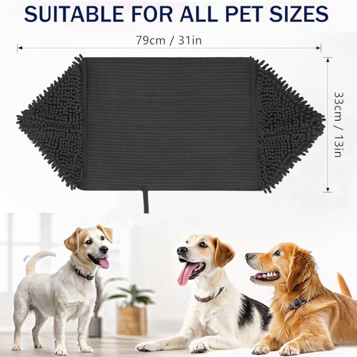 Image of OLANLY Chenille Dog Bath Towel 31x13, Ultra Absorbent Quick Dry Pet Towel, Extra Soft Washable Plush Towel for Large Dogs & Puppies, Indoor Outdoor Use, Dark Grey