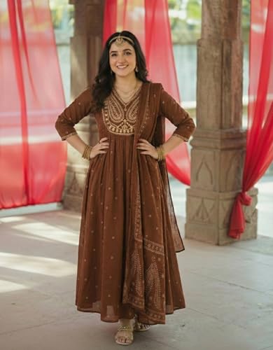 Image of GoSriKi Rust Anarkali Kurta Set for Women with Dupatta | Cotton Kurti Set for Woman | Embroidered Anarkali Suit for Women Kurti Pant Set with Dupatta | Suit Set for Women Latest