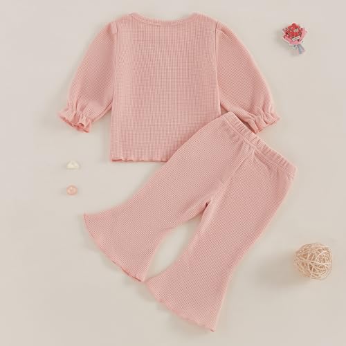 fhutpw Infant Girl Clothes Lantern Sleeve Solid Top and Flared Pants Sets Baby Newborn 6 12 18 Months 2T Fall Winter Outfits3