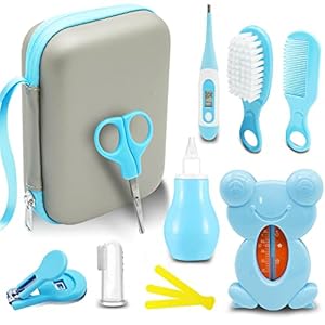 Bizcasa Babypflege Set,11 teilige Kinderbetreuungsset,Baby Pflegeset Neugeborene mit Nasensauger Kamm Nagelschere Baby Erstausstattung Pflegeset für Neugeborene (Blau)