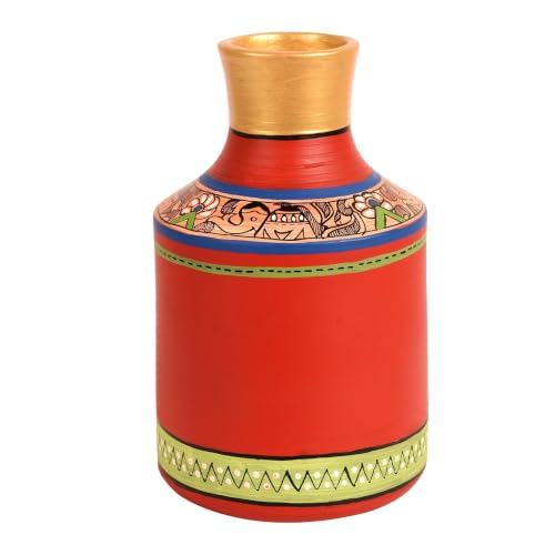 Image of Aakriti Art Creations Handcrafted Red Madhubani Terracotta Vase (7.2x4.5 HxD) | Traditional Hand-Painted Flower Vase | Matte Finish Decorative Vase for Living Room Decor, Table Decor & Gifting