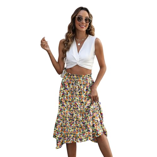 Womens Midi Skirt High Waist Elasticized Waistband Casual A Line Boho Swing Flowy Trendy Skirts Floral2