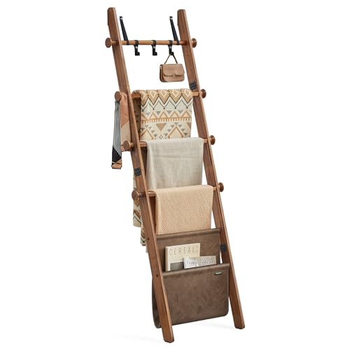 VASAGLE Blanket Ladder for Living Room, 5-Tier Wooden Ladder Shelf, Decorative Farmhouse Blanket Rack with Synthetic Leather Bag, Metal Hooks, Side Hooks, for Bedroom, Caramel Brown ULLS022K