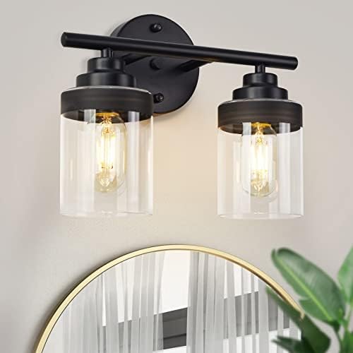 2-Light Bathroom Vanity Light Fixtures, Black Wall Sconce Light with Clear Glass, Modern Lighting Bathroom Wall Lamp for Mirror, Living Room, Bedroom, Hallway