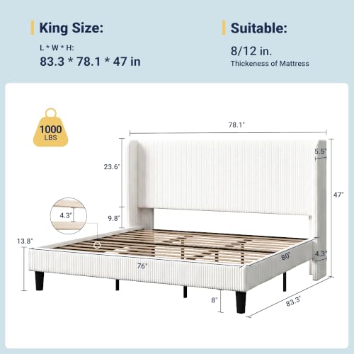 Image of Allewie King Size Platform Bed with Corduroy Wingback Headboard, White | 1000 lb Capacity, Corduroy Wingback Headboard, Vertical Channel Design, Wood Slat Support, No Box Spring Needed /Easy Assembly