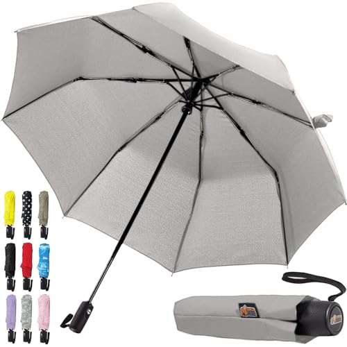 Image of GORILLA GRIP Compact Travel Size Umbrella for Rain, Sleek Design Fits Backpack, Purse and Carry On, Lightweight Under 1lb, One Click Open and Close, Wind Resistant, Durable Waterproof Quick Dry, Gray