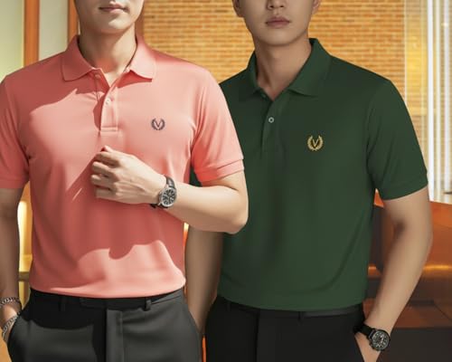 Image of MACK JONNEY Men's Solid Polo T-Shirt | Premium Cotton Blend | Regular Fit | Short Sleeve | Collared Casual Wear|Pack of 2 -MJ-157
