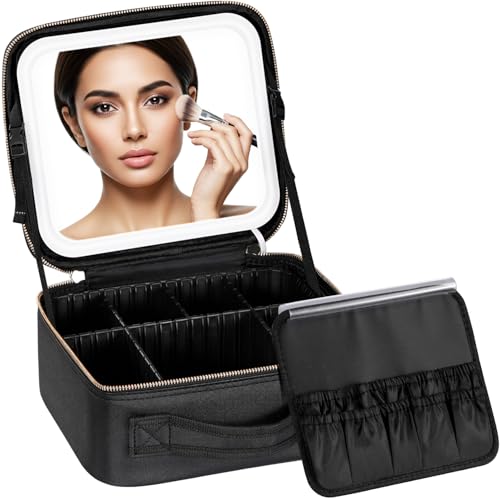 IPOW Travel Makeup Bag with LED Mirror, 3 Adjustable Light Settings, Customizable Dividers, Portable Travel Organizer, USB Charging, Black, Small
