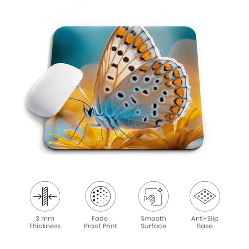 Image of Premium Non-Slip Mouse Pad | Smooth Surface for Optical & Laser Mice | Anti-Skid Rubber Base | Office, Home & Gaming | Square Nature Butterfly Garden Design