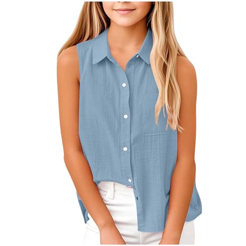 Girls Sleeveless Button Down Shirt Summer Cotton Linen Tops Collared V-Neck Shirt Blouse 5-15Y