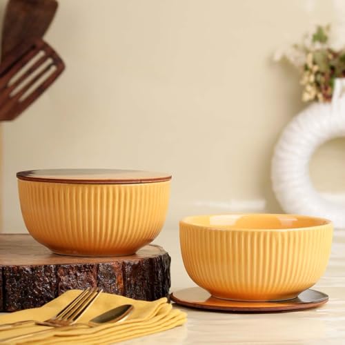 Image of The Earth Store Yellow Fringe Ceramic Bowl with Lid Set of 2, 550ML | Multipurpose Uses Coaster /Lid | Dishwasher & Microwave Safe Bowl | Ideal for Rice, Dal, Fruits, Salad, Snack, Mixing Bowl