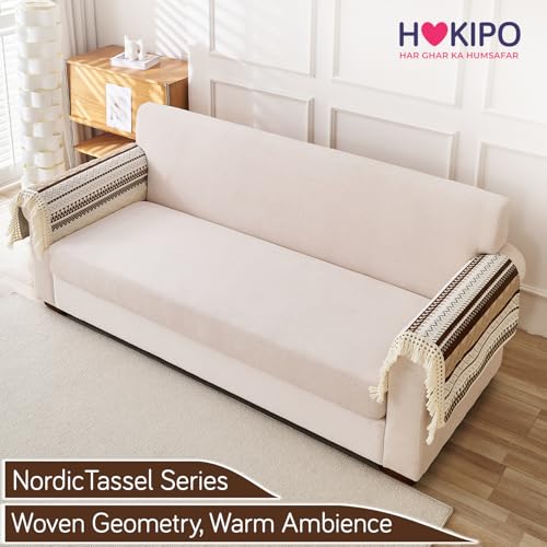 Image of HOKIPO Nordic Boho Geometric Sofa Armrest Cover with Tassel (2 Pc) 'NordicTassel Series' Arm Cover, Chocolate Brown (AR-6550-BRN*2)