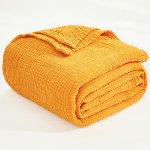 Image of EMME Muslin Blankets for Adults Throw Blanket for Couch Breathable Gauze Soft Lightweight Airy Mustard Yellow Throw 50 inch x 60 inch