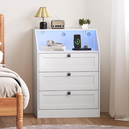 Image of Wodeer White Dresser 3 Drawer Nightstand, Wood Night Stand with LED Lights, Charging Station, Metal Handles, Modern Storage Cabinet and Organizer Drawers for Living Room, Hallway