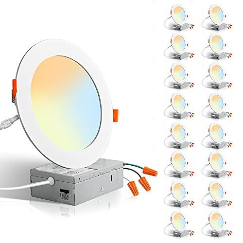 16 Pack Led Recessed Lighting 6 Inch, 5CCT Ultra Thin Recessed Light with Junction Box, 2700k-5000k Selectable, Dimmable Canless Slim Led Recessed Light Fixtures, 12W Eqv 110W, 1100LM Downlight - ETL