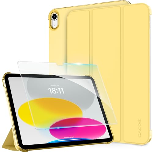 [iPad 11世代 10世代 ケース ガラスフィルム セット]CACOE ipad a16 11インチ 2025/10.9インチ 2022 アイパッド用 ハードケース オートスリープ 三つ折り Apple Pencil対応 あいばっど カバー ライトイェロー