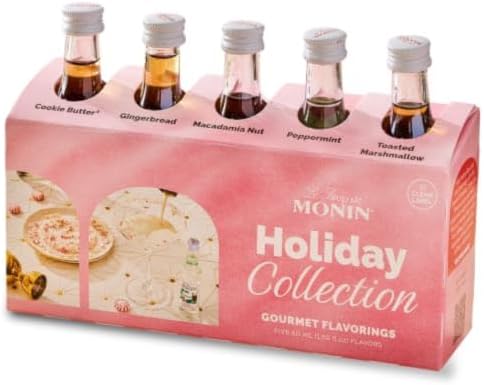 Monin - 5 Flavor Holiday Cheer Collection: Macadamia Nut, Peppermint, Cookie Butter, Toasted Marshmallow, & Gingerbread, Natural Flavors for All Drinks, Gluten-Free (1.69 oz per bottle)