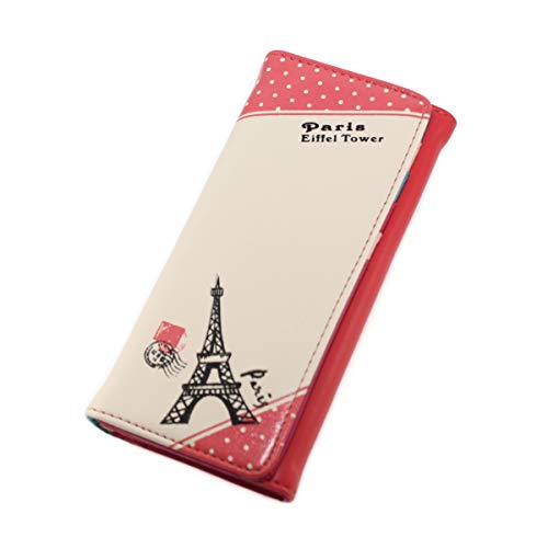 Paris Effiel Tower Cartoon PU Leather Wallet Cash Coin Long Purse Card Holder for Women & Girls (Watermelon Red)