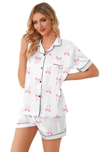 Image of Schbbbta Women Pajamas Set, 2 Pcs Satin Silk Pjs Button Down Sleepwear Soft Comfy Short Sleeve Outfits