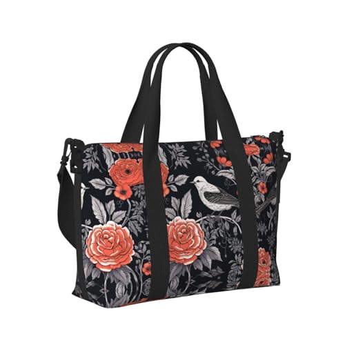 Travel Bag for Weekend Trips, Airplane Carry-On with Adjustable Strap, Chinese Painting Bird (5)