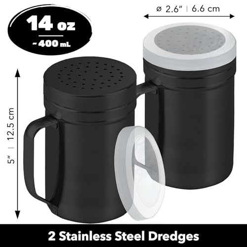 Image of CUSINIUM 14oz Black Stainless Steel Salt Pepper Dredge Shakers - With Plastic Cap - With Handle - Pack of 2