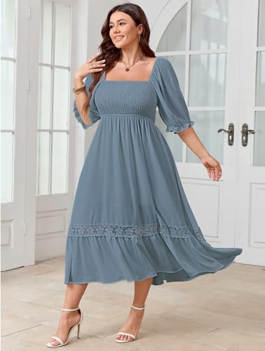 Image of SCOMCHIC Women's Plus Size Boho Maxi Dress Short Sleeve Square Neck Smocked Flowy A-Line Lace Trim Wedding Guest Dresses