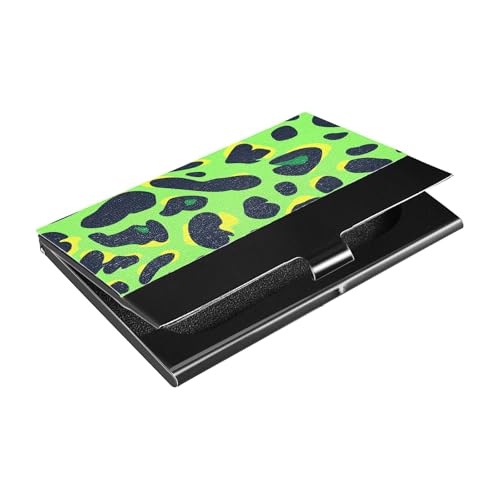 KLL Animal Leopard Fur Print Lawn Green Black Slim Business Card Holder with Leather & Stainless Steel Credit Cards Holder for Protects Your Cards tarjetero para Hombre