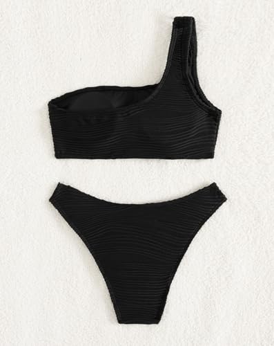 Image of YIMISAN Women's Ribbed Bikini Sets One Shoulder Top with Mid Waist Two Piece Bathing Suit