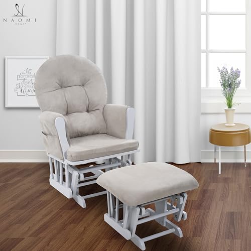 Naomi Home Brisbane Glider and Ottoman Set with Smooth Rocking & Gliding Motion, Ergonomic High-Back Support, Cushioned Armrests, Solid Wood Base, Storage Pockets, Light Gray Nursery Chair
