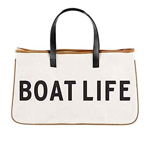 Santa Barbara Design Studio Tote Bag Hold Everything Collection Black and White 100% Cotton Canvas with Genuine Leather Handles, Large, Boat Life