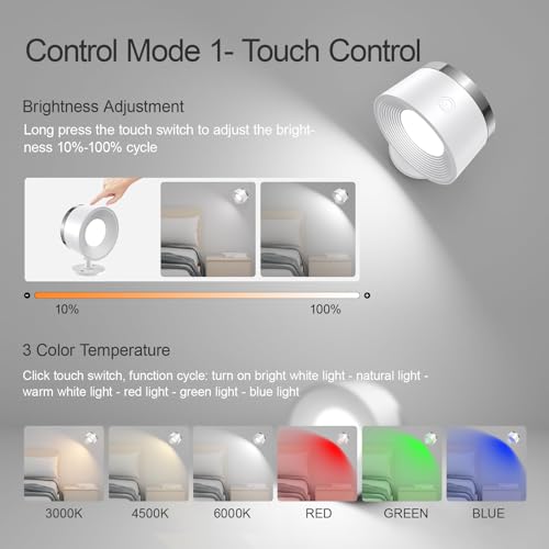 Image of LED Wall Sconces Set of Two, Rechargeable Battery Operated Wall Lights with Remote, Wall Lamp Wireless 3 Color Temperatures + 13 RGB & Dimmable Magnetic 360 Rotation (1 pc White)